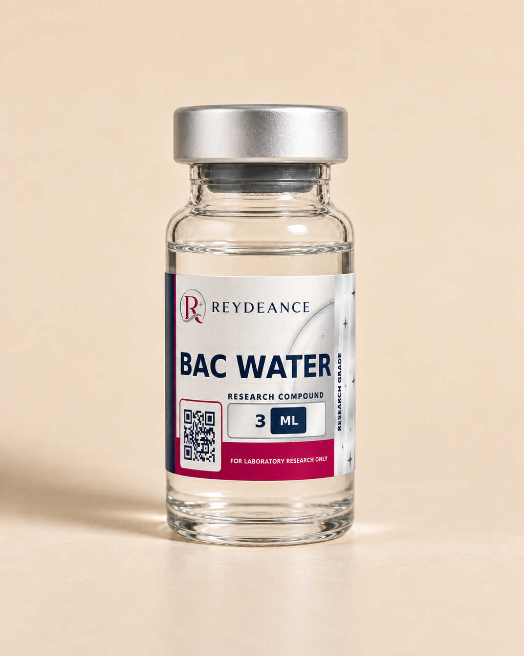 A 3ml glass vial of Reydeance bacteriostatic water with a silver cap
